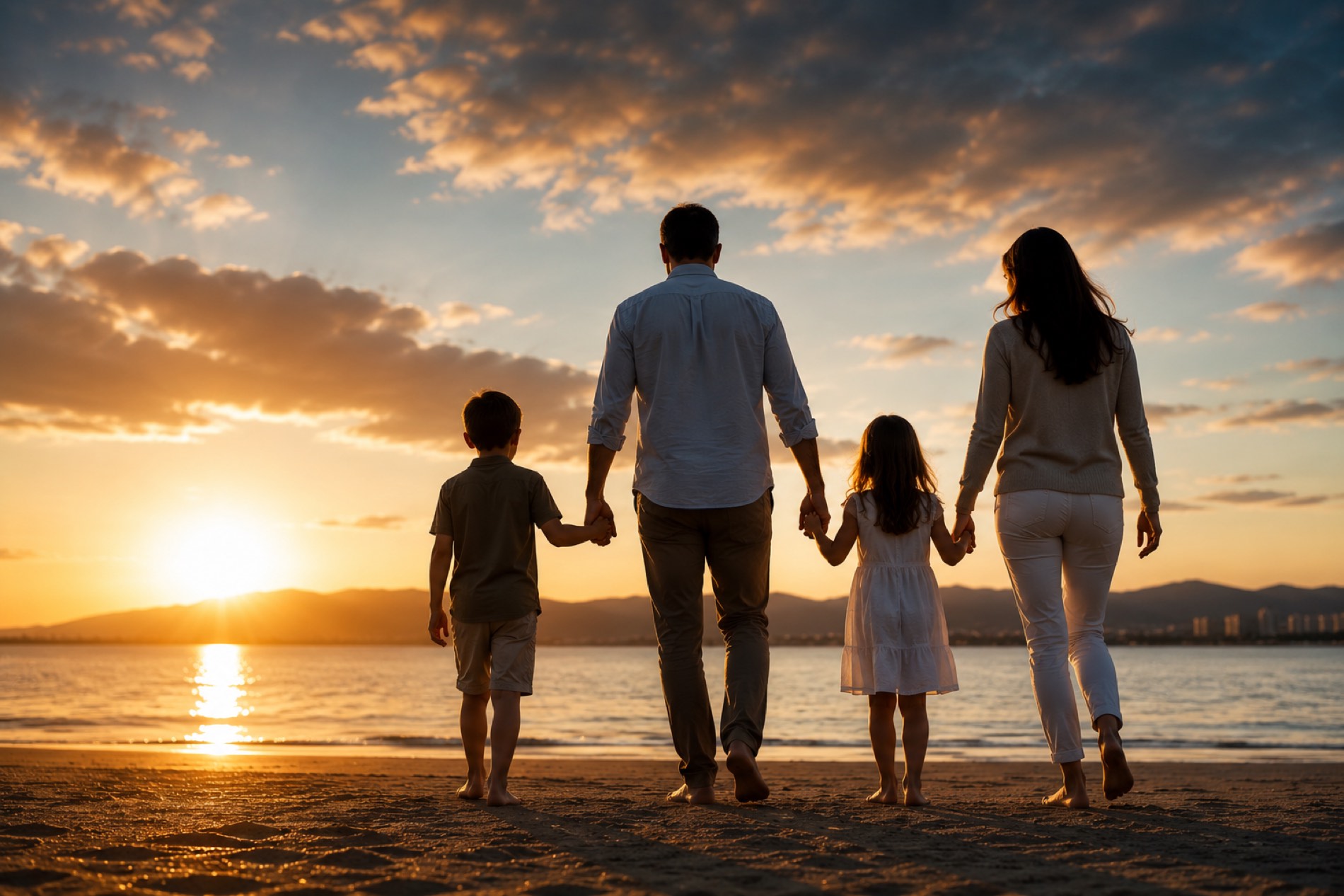 Una familia caminando junta al atardecer